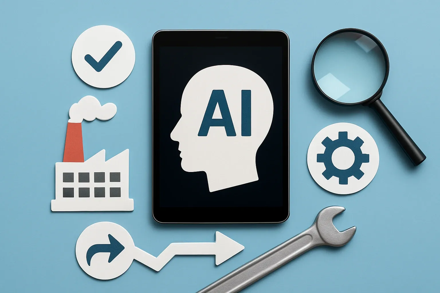 Generate a photorealistic flat lay image for an article following this concept:
GenAI On The Shop Floor That Actually Works
It is 2026 and many plants still struggle to turn AI manufacturing ambitions into everyday wins. Generative AI and agentic AI can help with quality control, predictive maintenance, and knowledge transfer, but only when grounded in the data and guardrails you already have. Here is a practical way to convert hype into safe, auditable outcomes on real production lines.
Hard style requirements:
- Photorealistic, top-down (90-degree overhead) flat lay product photography.
- Single solid-colored background (choose a random solid background color).
- Bright, clean studio lighting (softbox/high-key), minimal shadows, crisp detail, sharp focus.
- ONE unified main composition that tells a clear visual story at a glance.
- Convey action/meaning using object arrangement, and PHYSICAL indicators (paper cutout, simple shape icons as stickers/cutouts). No digital UI overlays.
Content constraints:
- ABSOLUTELY NO TEXT of any kind: no words, no letters, no numbers, no labels, no signage.
- Avoid culturally specific references; use globally recognizable objects only.
Strict negatives (must avoid):
- No illustration, no drawing, no vector art, no cartoon, no anime.
- No CGI, no 3D render, no plastic toy look unless explicitly part of the concept.
- No watermarks, no captions, no logos, no brand marks, no typography.
Output: a single photorealistic overhead flat lay studio photo that fully follows the concept and constraints.