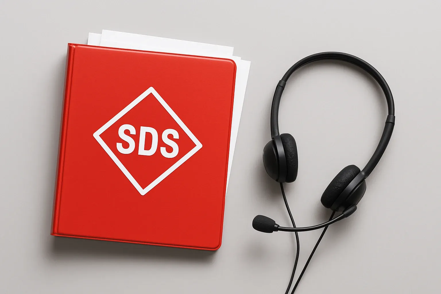 Generate a photorealistic flat lay image for an article following this concept:
SDS Binder With Headset
Top-down flat lay on a clean light-gray background. Center a bright red generic binder slightly open, a few unlabeled white sheets peeking to suggest safety data content without readable text. Place a simple black call center headset to the right of the binder with the mic pointing toward it, implying a conversation about documented guidance. Bright studio lighting, minimal shadows, crisp edges. One unified, minimal composition.
Hard style requirements:
- Photorealistic, top-down (90-degree overhead) flat lay product photography.
- Single solid-colored background (choose a random solid background color).
- Bright, clean studio lighting (softbox/high-key), minimal shadows, crisp detail, sharp focus.
- ONE unified main composition that tells a clear visual story at a glance.
- Convey action/meaning using object arrangement, and PHYSICAL indicators (paper cutout, simple shape icons as stickers/cutouts). No digital UI overlays.
Content constraints:
- ABSOLUTELY NO TEXT of any kind: no words, no letters, no numbers, no labels, no signage.
- Avoid culturally specific references; use globally recognizable objects only.
Strict negatives (must avoid):
- No illustration, no drawing, no vector art, no cartoon, no anime.
- No CGI, no 3D render, no plastic toy look unless explicitly part of the concept.
- No watermarks, no captions, no logos, no brand marks, no typography.
Output: a single photorealistic overhead flat lay studio photo that fully follows the concept and constraints.
