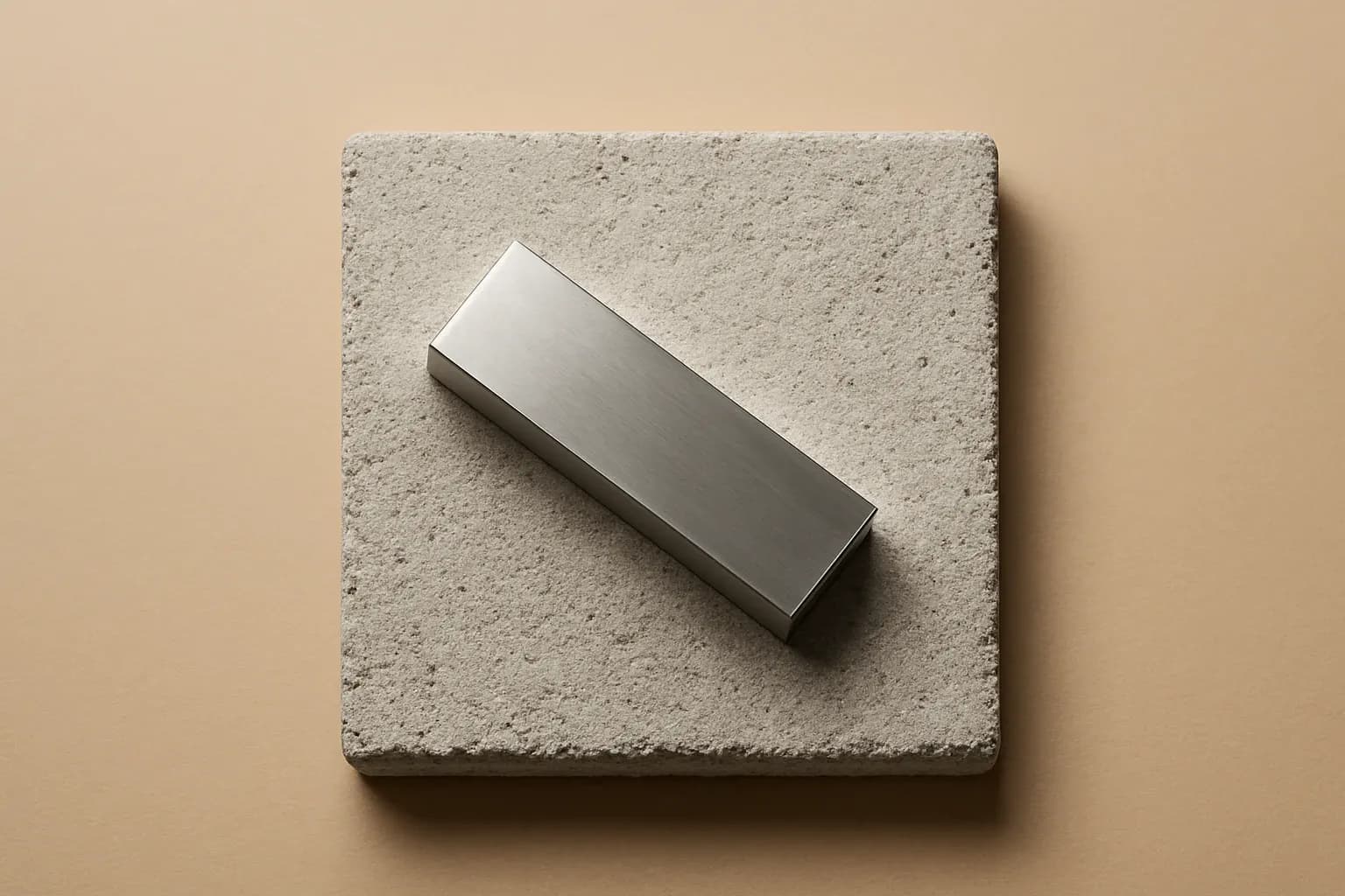 Generate a photorealistic flat lay image for an article following this concept:
Gauge Block On Concrete Tile
Top-down studio flat lay on a light gray background. Center a single steel gauge block resting on a small concrete paver square. The gauge block sits slightly askew to suggest precision applied to building materials. Bright, even lighting, minimal shadows, sharp texture detail of the concrete surface. No text or numbers visible on the block.
Hard style requirements:
- Photorealistic, top-down (90-degree overhead) flat lay product photography.
- Single solid-colored background (choose a random solid background color).
- Bright, clean studio lighting (softbox/high-key), minimal shadows, crisp detail, sharp focus.
- ONE unified main composition that tells a clear visual story at a glance.
- Convey action/meaning using object arrangement, and PHYSICAL indicators (paper cutout, simple shape icons as stickers/cutouts). No digital UI overlays.
Content constraints:
- ABSOLUTELY NO TEXT of any kind: no words, no letters, no numbers, no labels, no signage.
- Avoid culturally specific references; use globally recognizable objects only.
Strict negatives (must avoid):
- No illustration, no drawing, no vector art, no cartoon, no anime.
- No CGI, no 3D render, no plastic toy look unless explicitly part of the concept.
- No watermarks, no captions, no logos, no brand marks, no typography.
Output: a single photorealistic overhead flat lay studio photo that fully follows the concept and constraints.
