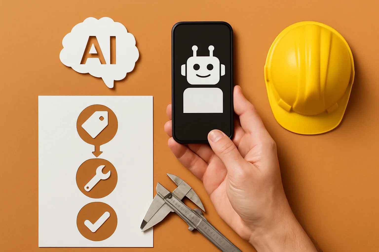 Generate a photorealistic flat lay image for an article following this concept:
Bring Your Own AI Is Already in Your Plant
It is 2026 and most manufacturers still lack a clear AI governance path. That does not mean teams are waiting. If you do not approve usable AI tools, people will quietly bring their own to get jobs done. The result is shadow AI, fragmented data handling, and avoidable exposure. In AI manufacturing, that shows up in quoting, technical services, and quality control AI. Fix the approval gap fast or accept higher risk and lower control. That is the tradeoff, unfortuntely.
Hard style requirements:
- Photorealistic, top-down (90-degree overhead) flat lay product photography.
- Single solid-colored background (choose a random solid background color).
- Bright, clean studio lighting (softbox/high-key), minimal shadows, crisp detail, sharp focus.
- ONE unified main composition that tells a clear visual story at a glance.
- Convey action/meaning using object arrangement, and PHYSICAL indicators (paper cutout, simple shape icons as stickers/cutouts). No digital UI overlays.
Content constraints:
- ABSOLUTELY NO TEXT of any kind: no words, no letters, no numbers, no labels, no signage.
- Avoid culturally specific references; use globally recognizable objects only.
Strict negatives (must avoid):
- No illustration, no drawing, no vector art, no cartoon, no anime.
- No CGI, no 3D render, no plastic toy look unless explicitly part of the concept.
- No watermarks, no captions, no logos, no brand marks, no typography.
Output: a single photorealistic overhead flat lay studio photo that fully follows the concept and constraints.