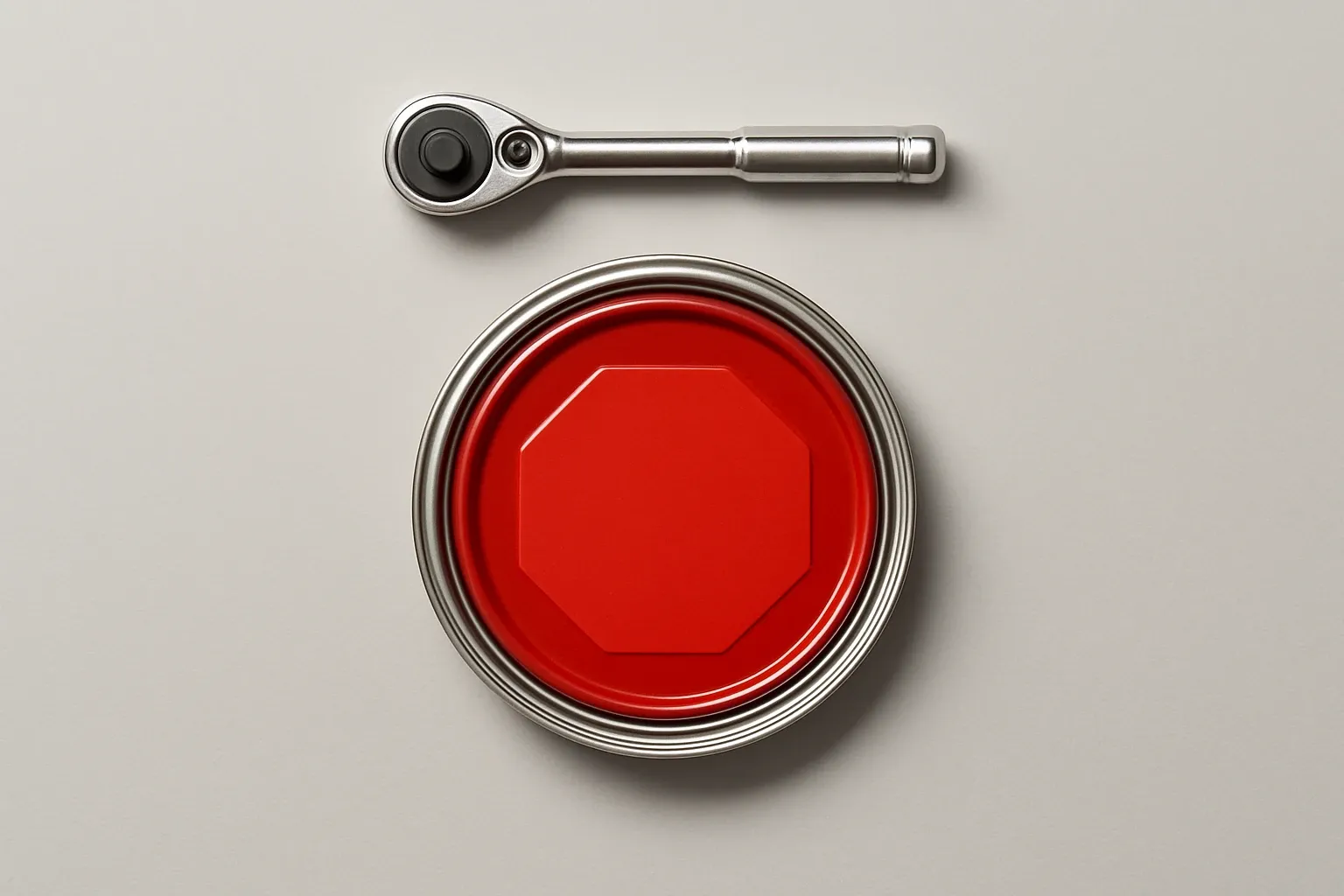 Generate a photorealistic flat lay image for an article following this concept:
Paint Can Lid As Stop Sign
A single red metal paint can lid centered on a solid light gray background, photographed top-down. The lid is closed and pristine, symbolizing a clear guardrail. Optional second object: a small silver torque wrench placed above the lid at 12 o’clock, parallel to the frame, implying control and measured force. Bright studio lighting, minimal soft shadow under the lid and wrench, crisp details, no text or labels.
Hard style requirements:
- Photorealistic, top-down (90-degree overhead) flat lay product photography.
- Single solid-colored background (choose a random solid background color).
- Bright, clean studio lighting (softbox/high-key), minimal shadows, crisp detail, sharp focus.
- ONE unified main composition that tells a clear visual story at a glance.
- Convey action/meaning using object arrangement, and PHYSICAL indicators (paper cutout, simple shape icons as stickers/cutouts). No digital UI overlays.
Content constraints:
- ABSOLUTELY NO TEXT of any kind: no words, no letters, no numbers, no labels, no signage.
- Avoid culturally specific references; use globally recognizable objects only.
Strict negatives (must avoid):
- No illustration, no drawing, no vector art, no cartoon, no anime.
- No CGI, no 3D render, no plastic toy look unless explicitly part of the concept.
- No watermarks, no captions, no logos, no brand marks, no typography.
Output: a single photorealistic overhead flat lay studio photo that fully follows the concept and constraints.