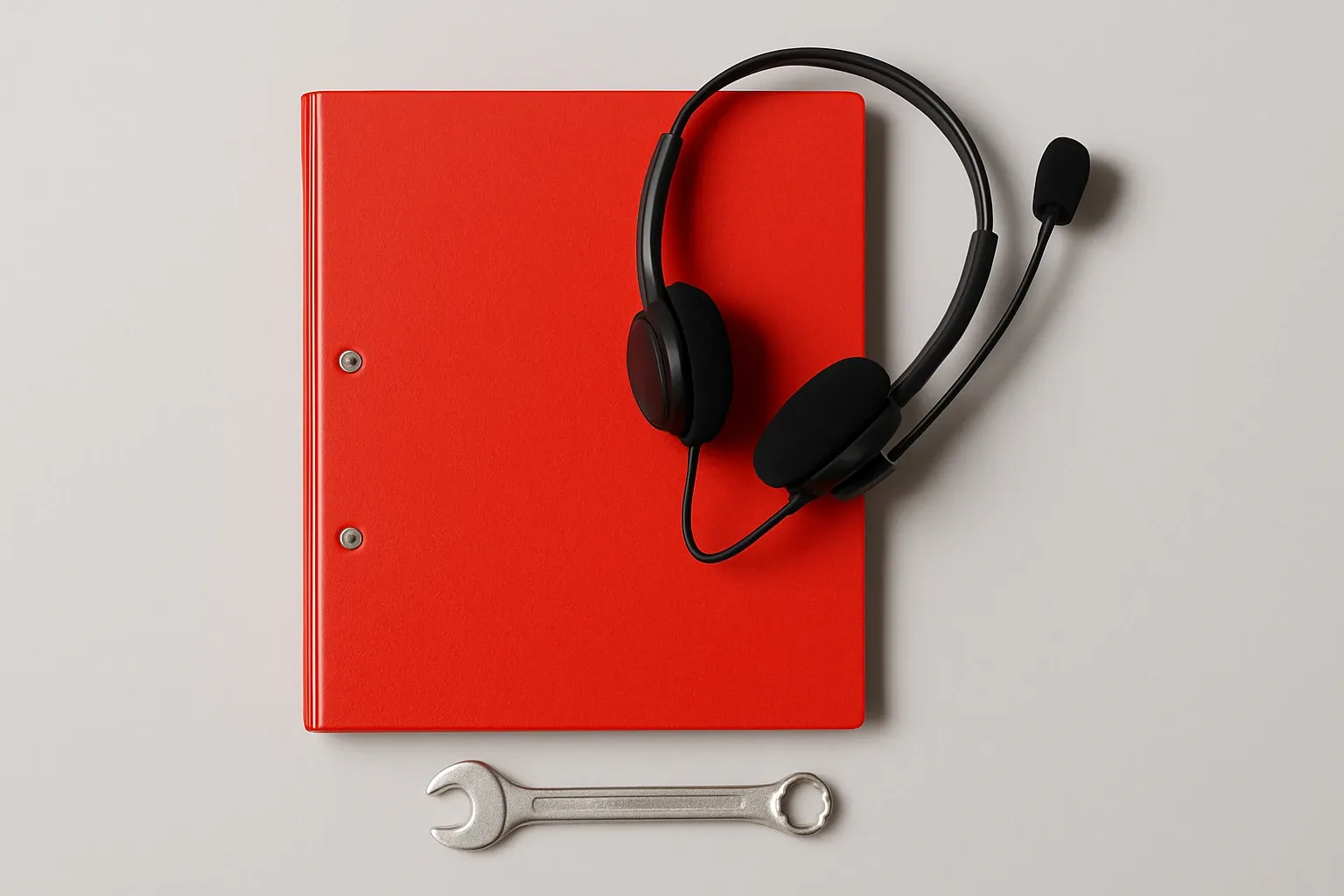 Generate a photorealistic flat lay image for an article following this concept:
SDS Binder With Headset
Top down flat lay on a clean light gray background. Center a bright red ring binder that is closed with no readable text on the cover. Place a simple black call center style headset resting on the top right corner of the binder to imply customer support. Add a single stainless steel open end wrench positioned horizontally below the binder to hint at technical service. Bright studio lighting, minimal soft shadows, crisp focus.
Hard style requirements:
- Photorealistic, top-down (90-degree overhead) flat lay product photography.
- Single solid-colored background (choose a random solid background color).
- Bright, clean studio lighting (softbox/high-key), minimal shadows, crisp detail, sharp focus.
- ONE unified main composition that tells a clear visual story at a glance.
- Convey action/meaning using object arrangement, and PHYSICAL indicators (paper cutout, simple shape icons as stickers/cutouts). No digital UI overlays.
Content constraints:
- ABSOLUTELY NO TEXT of any kind: no words, no letters, no numbers, no labels, no signage.
- Avoid culturally specific references; use globally recognizable objects only.
Strict negatives (must avoid):
- No illustration, no drawing, no vector art, no cartoon, no anime.
- No CGI, no 3D render, no plastic toy look unless explicitly part of the concept.
- No watermarks, no captions, no logos, no brand marks, no typography.
Output: a single photorealistic overhead flat lay studio photo that fully follows the concept and constraints.