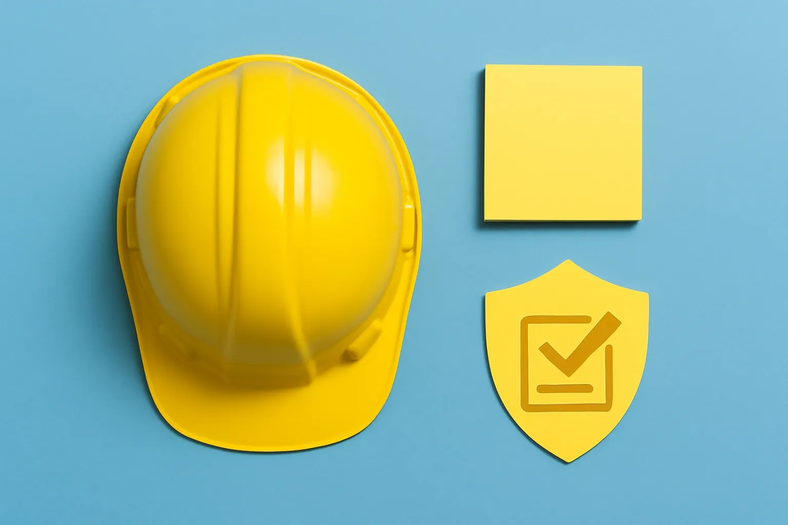 Generate a photorealistic flat lay image for an article following this concept:
Yellow hard hat with sticky‑note style icon
Top‑down flat lay on a solid light‑blue background featuring a single construction hard hat centered. To its right, a small stack of plain yellow paper squares and a simple foam icon shaped like a shield placed slightly below the hat. The arrangement suggests safety and compliance checklists without any text. Bright studio lighting, minimal shadows, crisp edges, one unified composition.
Hard style requirements:
- Photorealistic, top-down (90-degree overhead) flat lay product photography.
- Single solid-colored background (choose a random solid background color).
- Bright, clean studio lighting (softbox/high-key), minimal shadows, crisp detail, sharp focus.
- ONE unified main composition that tells a clear visual story at a glance.
- Convey action/meaning using object arrangement, and PHYSICAL indicators (paper cutout, simple shape icons as stickers/cutouts). No digital UI overlays.
Content constraints:
- ABSOLUTELY NO TEXT of any kind: no words, no letters, no numbers, no labels, no signage.
- Avoid culturally specific references; use globally recognizable objects only.
Strict negatives (must avoid):
- No illustration, no drawing, no vector art, no cartoon, no anime.
- No CGI, no 3D render, no plastic toy look unless explicitly part of the concept.
- No watermarks, no captions, no logos, no brand marks, no typography.
Output: a single photorealistic overhead flat lay studio photo that fully follows the concept and constraints.