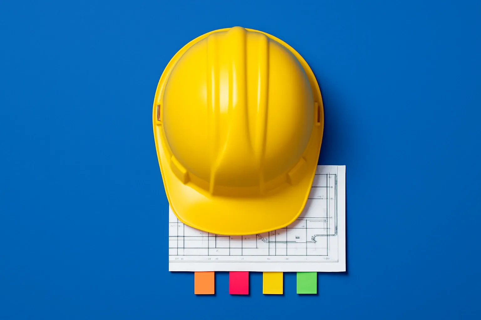 Hard Hat On A Blueprint With Color Coded Tabs