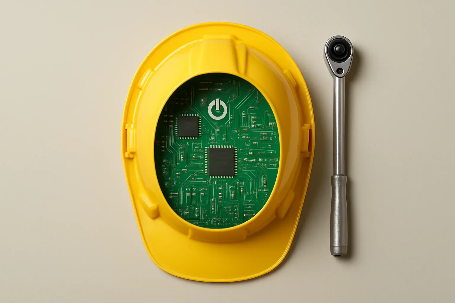 Generate a photorealistic flat lay image for an article following this concept:
Hard Hat With Circuit Board Insert
Top‑down flat lay of a single, bright yellow construction hard hat centered on a matte light‑gray background. Inside the open hat shell, a visible green circuit board insert is placed, aligned to the hat’s contour. A small torque wrench sits to the upper right as a subtle secondary object. Clean studio lighting, minimal shadows, crisp edges, no text or labels.
Hard style requirements:
- Photorealistic, top-down (90-degree overhead) flat lay product photography.
- Single solid-colored background (choose a random solid background color).
- Bright, clean studio lighting (softbox/high-key), minimal shadows, crisp detail, sharp focus.
- ONE unified main composition that tells a clear visual story at a glance.
- Convey action/meaning using object arrangement, and PHYSICAL indicators (paper cutout, simple shape icons as stickers/cutouts). No digital UI overlays.
Content constraints:
- ABSOLUTELY NO TEXT of any kind: no words, no letters, no numbers, no labels, no signage.
- Avoid culturally specific references; use globally recognizable objects only.
Strict negatives (must avoid):
- No illustration, no drawing, no vector art, no cartoon, no anime.
- No CGI, no 3D render, no plastic toy look unless explicitly part of the concept.
- No watermarks, no captions, no logos, no brand marks, no typography.
Output: a single photorealistic overhead flat lay studio photo that fully follows the concept and constraints.
