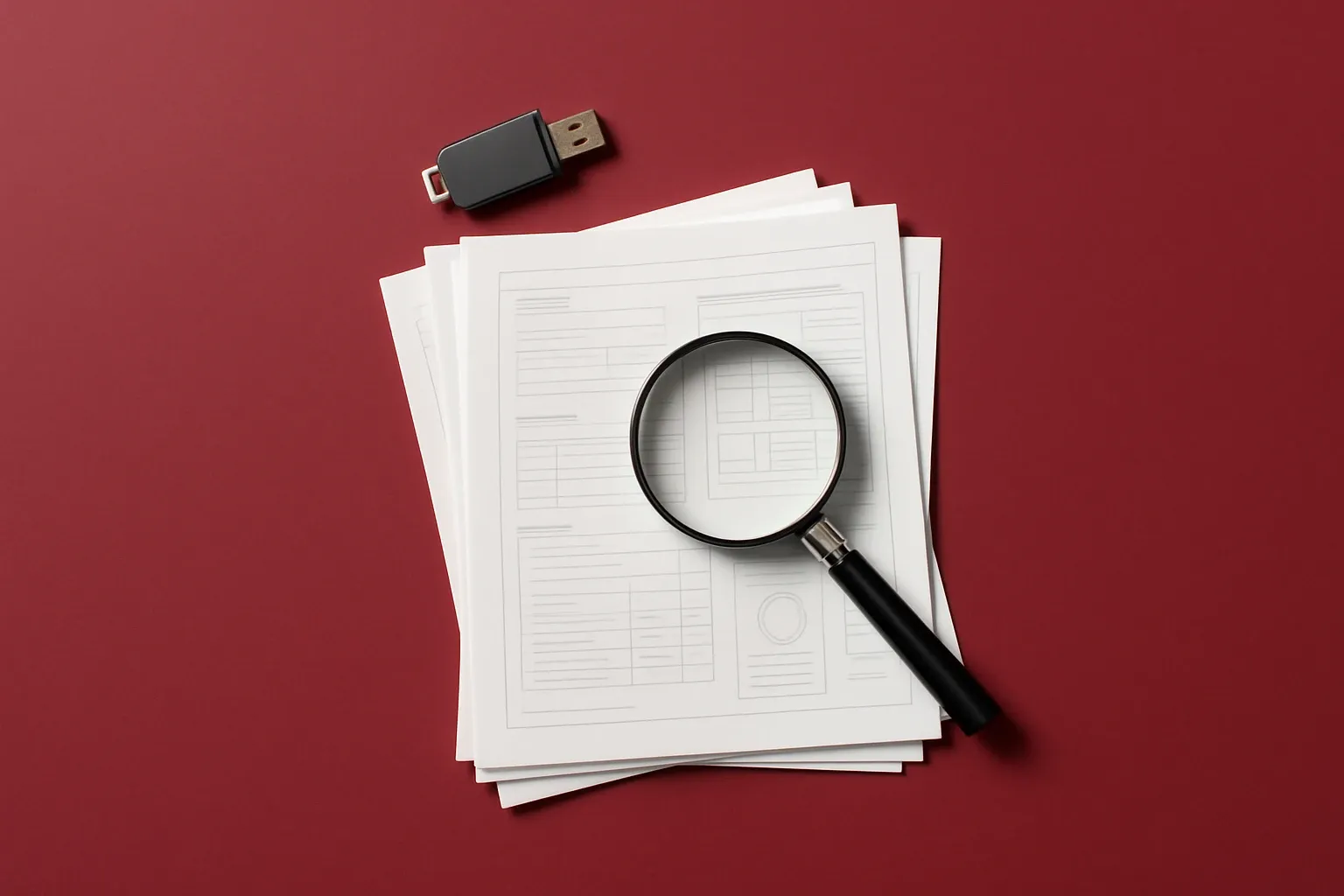 Stacked Spec Sheets With Magnifying Glass