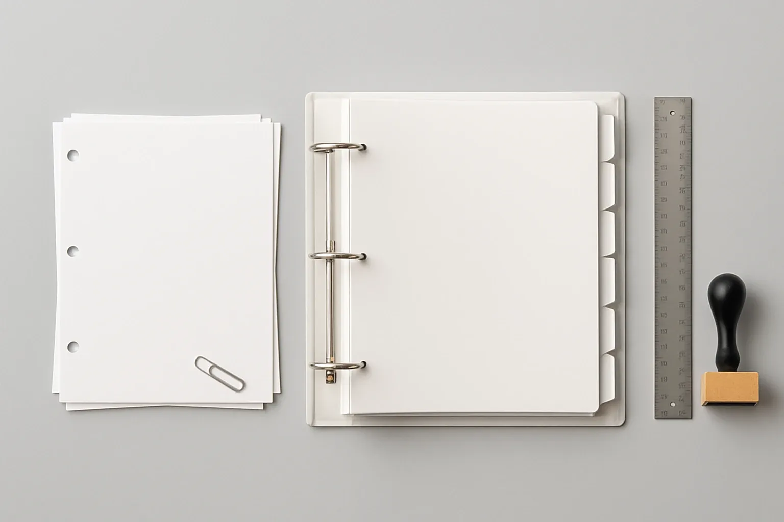 Generate a photorealistic flat lay image for an article following this concept:
Submittal Pack, Assembled By AI
Top‑down flat lay on a solid light gray background. Center a clean, unbranded three‑ring binder slightly open with visible tab dividers, no readable text. To the right, a metal calibration ruler and a plain rubber stamp. To the left, a stack of blank, hole‑punched pages with a single paperclip on top. Bright studio lighting, minimal shadows, sharp focus, one unified composition that signals organized documentation without any words.
Hard style requirements:
- Photorealistic, top-down (90-degree overhead) flat lay product photography.
- Single solid-colored background (choose a random solid background color).
- Bright, clean studio lighting (softbox/high-key), minimal shadows, crisp detail, sharp focus.
- ONE unified main composition that tells a clear visual story at a glance.
- Convey action/meaning using object arrangement, and PHYSICAL indicators (paper cutout, simple shape icons as stickers/cutouts). No digital UI overlays.
Content constraints:
- ABSOLUTELY NO TEXT of any kind: no words, no letters, no numbers, no labels, no signage.
- Avoid culturally specific references; use globally recognizable objects only.
Strict negatives (must avoid):
- No illustration, no drawing, no vector art, no cartoon, no anime.
- No CGI, no 3D render, no plastic toy look unless explicitly part of the concept.
- No watermarks, no captions, no logos, no brand marks, no typography.
Output: a single photorealistic overhead flat lay studio photo that fully follows the concept and constraints.