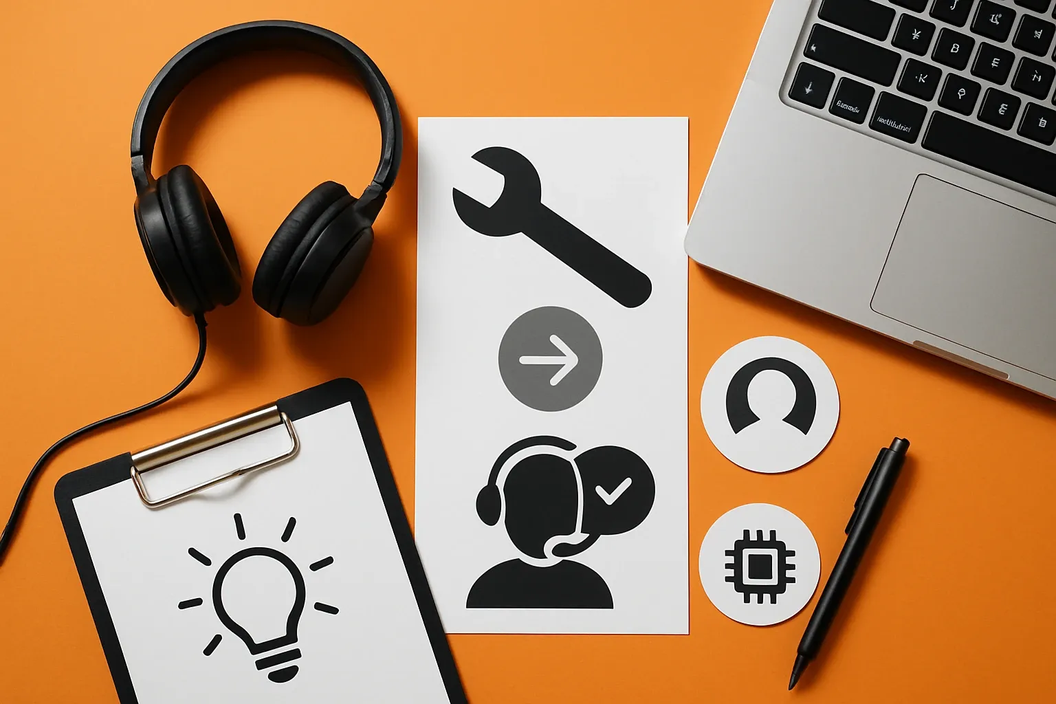 Generate a photorealistic flat lay image for an article following this concept:

Record-Time Technical Service With AI Triage And Drafts
It is 2026, and Technical Services teams are judged on minutes, not messages. The fastest groups in AI manufacturing do not just type faster, they prevent rework. Every back-and-forth burns engineer time and delays the job site. Fix the intake, route correctly, cite the answer, and let engineers handle only novel or high‑risk issues. BLS shows manufacturing productivity rising in 2025, which raises the bar on response speed too [(BLS, 2026)](https://www.bls.gov/productivity/).

Hard style requirements:
- Photorealistic, top-down (90-degree overhead) flat lay product photography.
- Single solid-colored background (choose a random solid background color).
- Bright, clean studio lighting (softbox/high-key), minimal shadows, crisp detail, sharp focus.
- ONE unified main composition that tells a clear visual story at a glance.
- Convey action/meaning using object arrangement, spatial relationships, and PHYSICAL indicators (paper cutout, simple shape icons as stickers/cutouts). No digital UI overlays.

Content constraints:
- Must convey themes of international mobility, professional growth, or navigating processes.
- ABSOLUTELY NO TEXT of any kind: no words, no letters, no numbers, no labels, no signage.
- Avoid culturally specific references; use globally recognizable objects only.

Strict negatives (must avoid):
- No illustration, no drawing, no vector art, no cartoon, no anime.
- No CGI, no 3D render, no plastic toy look unless explicitly part of the concept.
- No watermarks, no captions, no logos, no brand marks, no typography.

Output: a single photorealistic overhead flat lay studio photo that fully follows the concept and constraints.