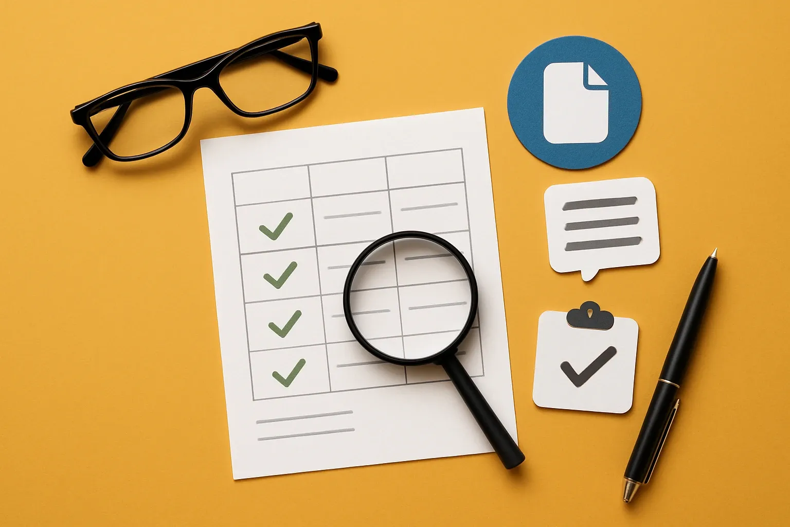 Generate a photorealistic flat lay image for an article following this concept:

Evidence-First RFP Compliance Matrices That Stand Up To Audit
In 2026, many bid teams still auto-fill compliance matrices, then scramble when a reviewer asks for proof. Treat the matrix as an evidence product instead. Every claim should point to a document, a page, a snippet, and a reviewer. Do this and you reduce disqualifications and audit time. Skip it and you keep firefighting teh same questions each tender cycle.

Hard style requirements:
- Photorealistic, top-down (90-degree overhead) flat lay product photography.
- Single solid-colored background (choose a random solid background color).
- Bright, clean studio lighting (softbox/high-key), minimal shadows, crisp detail, sharp focus.
- ONE unified main composition that tells a clear visual story at a glance.
- Convey action/meaning using object arrangement, spatial relationships, and PHYSICAL indicators (paper cutout, simple shape icons as stickers/cutouts). No digital UI overlays.

Content constraints:
- Must convey themes of international mobility, professional growth, or navigating processes.
- ABSOLUTELY NO TEXT of any kind: no words, no letters, no numbers, no labels, no signage.
- Avoid culturally specific references; use globally recognizable objects only.

Strict negatives (must avoid):
- No illustration, no drawing, no vector art, no cartoon, no anime.
- No CGI, no 3D render, no plastic toy look unless explicitly part of the concept.
- No watermarks, no captions, no logos, no brand marks, no typography.

Output: a single photorealistic overhead flat lay studio photo that fully follows the concept and constraints.