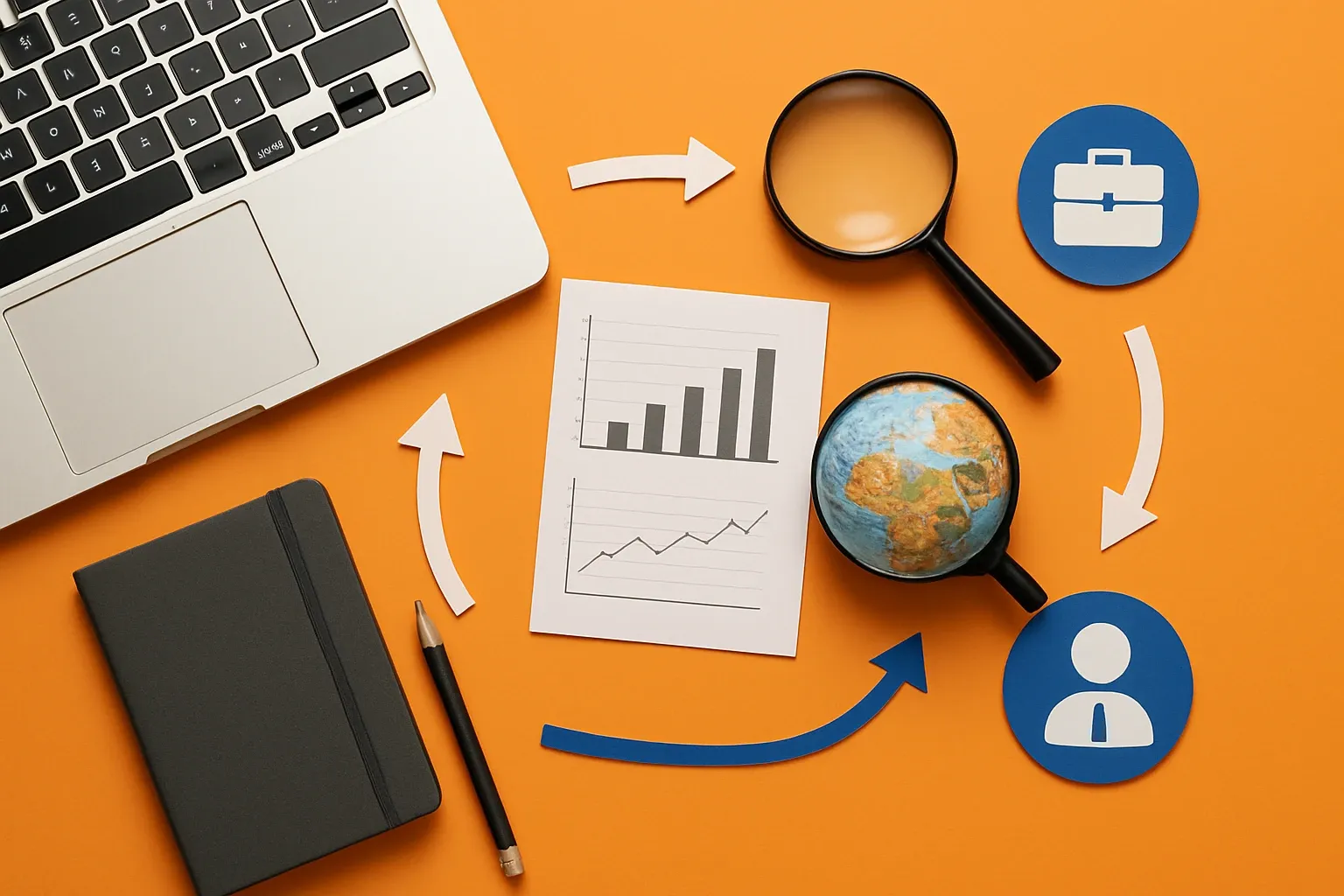 Generate a photorealistic flat lay image for an article following this concept:

Spec‑Safe AI Governance Blueprint
Customer‑facing GenAI is already answering spec and comparison questions in 2026, and leaders are on the hook if a model invents attributes or misquotes a standard. The biggest brand risk is unsourced claims that recieve traction in the field before Legal can react. This blueprint shows how to ship accurate, auditable responses from approved sources without slowing teams down.

Hard style requirements:
- Photorealistic, top-down (90-degree overhead) flat lay product photography.
- Single solid-colored background (choose a random solid background color).
- Bright, clean studio lighting (softbox/high-key), minimal shadows, crisp detail, sharp focus.
- ONE unified main composition that tells a clear visual story at a glance.
- Convey action/meaning using object arrangement, spatial relationships, and PHYSICAL indicators (paper cutout arrows, tape lines, string paths, simple shape icons as stickers/cutouts). No digital UI overlays.

Content constraints:
- Must convey themes of international mobility, professional growth, or navigating processes.
- ABSOLUTELY NO TEXT of any kind: no words, no letters, no numbers, no labels, no signage.
- Avoid culturally specific references; use globally recognizable objects only.

Strict negatives (must avoid):
- No illustration, no drawing, no vector art, no cartoon, no anime.
- No CGI, no 3D render, no plastic toy look unless explicitly part of the concept.
- No watermarks, no captions, no logos, no brand marks, no typography.

Output: a single photorealistic overhead flat lay studio photo that fully follows the concept and constraints.