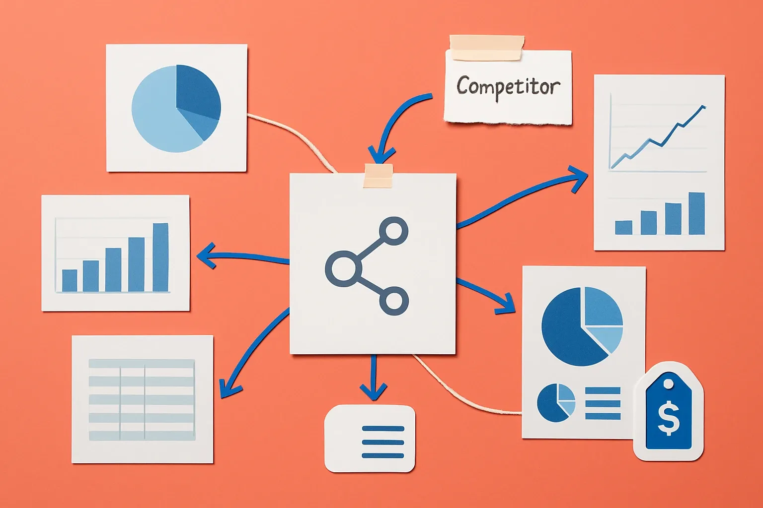 Generate a photorealistic flat lay image for an article following this concept:

Sales Enablement: The 10‑Asset Kit From One Source
It is 2026, and most manufacturers still juggle outdated sell sheets, scattered competitor notes, and pricing that drifts from reality. Sellers waste hours reconciling versions while buyers skim conflicting claims. The fix is not more content, it is one source of truth that generates a standard 10‑asset pack automatically. Done right, the kit stays current without heroics and gives channel partners materials they actually use. Sounds straighforward, but it requires clear data ownership and tight guardrails.

Hard style requirements:
- Photorealistic, top-down (90-degree overhead) flat lay product photography.
- Single solid-colored background (choose a random solid background color).
- Bright, clean studio lighting (softbox/high-key), minimal shadows, crisp detail, sharp focus.
- ONE unified main composition that tells a clear visual story at a glance.
- Convey action/meaning using object arrangement, spatial relationships, and PHYSICAL indicators (paper cutout arrows, tape lines, string paths, simple shape icons as stickers/cutouts). No digital UI overlays.

Content constraints:
- Must convey themes of international mobility, professional growth, or navigating processes.
- ABSOLUTELY NO TEXT of any kind: no words, no letters, no numbers, no labels, no signage.
- Avoid culturally specific references; use globally recognizable objects only.

Strict negatives (must avoid):
- No illustration, no drawing, no vector art, no cartoon, no anime.
- No CGI, no 3D render, no plastic toy look unless explicitly part of the concept.
- No watermarks, no captions, no logos, no brand marks, no typography.

Output: a single photorealistic overhead flat lay studio photo that fully follows the concept and constraints.