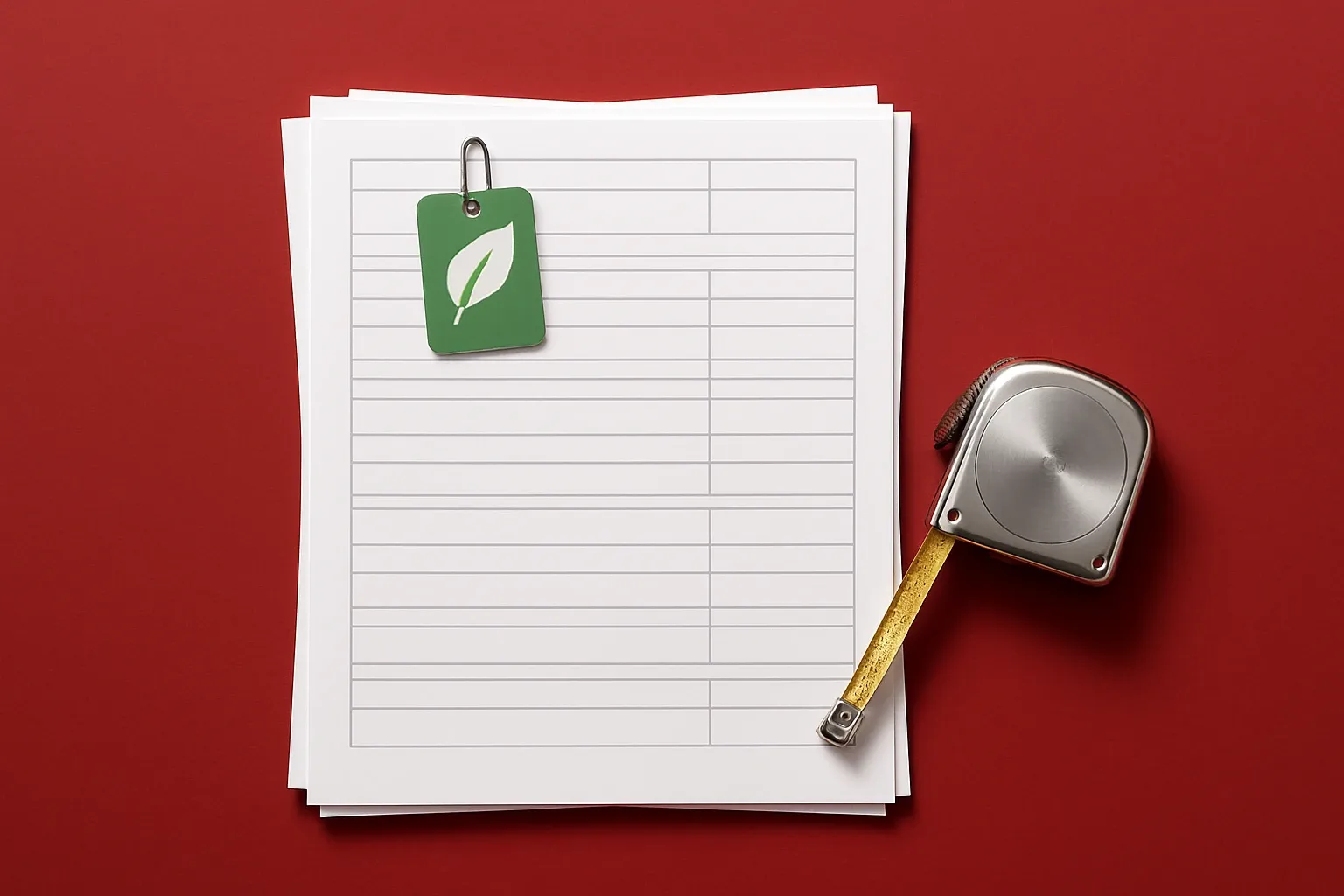 Spec Sheet With Green Tag And Measuring Tape