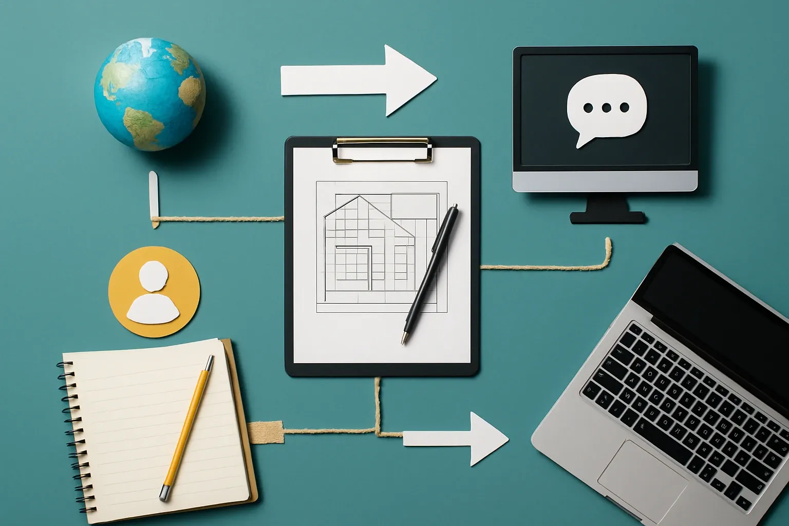 Generate a photorealistic flat lay image for an article following this concept:
Minimum Viable AI Strategy For Technical Services
Architects and specifiers will still call your Technical Services desk in 2026 and expect fast, correct answers. You want ChatGPT or Claude style productivity without risking a bad spec, outdated attribute, or a hallucinated comparison that customers might recieve. This one page, ten decision strategy shows how manufacturers can enable AI manufacturing workflows while protecting specs, BIM objects, and certifications.
Hard style requirements:
- Photorealistic, top-down (90-degree overhead) flat lay product photography.
- Single solid-colored background (choose a random solid background color).
- Bright, clean studio lighting (softbox/high-key), minimal shadows, crisp detail, sharp focus.
- ONE unified main composition that tells a clear visual story at a glance.
- Convey action/meaning using object arrangement, spatial relationships, and PHYSICAL indicators (paper cutout arrows, tape lines, string paths, simple shape icons as stickers/cutouts). No digital UI overlays.
Content constraints:
- Must convey themes of international mobility, professional growth, or navigating processes.
- ABSOLUTELY NO TEXT of any kind: no words, no letters, no numbers, no labels, no signage.
- Avoid culturally specific references; use globally recognizable objects only.
Strict negatives (must avoid):
- No illustration, no drawing, no vector art, no cartoon, no anime.
- No CGI, no 3D render, no plastic toy look unless explicitly part of the concept.
- No watermarks, no captions, no logos, no brand marks, no typography.
Output: a single photorealistic overhead flat lay studio photo that fully follows the concept and constraints.